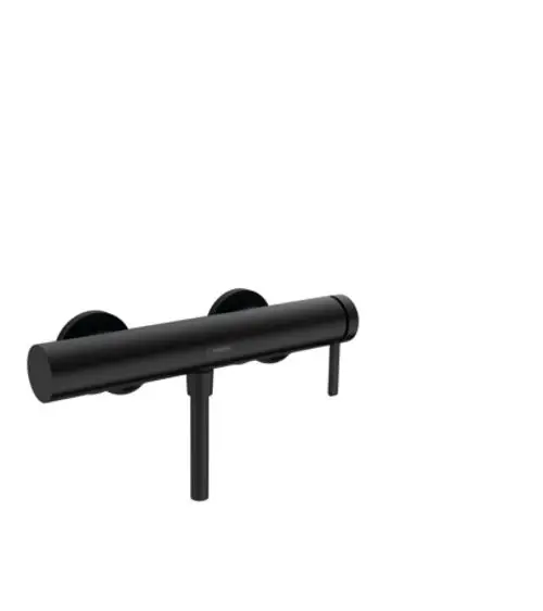 Hansgrohe Einhebel-Brausemischer in mattschwarz mit röhrenförmigem Design und zwei drehbaren Bedienelementen, montiert auf einer Wandplatte.